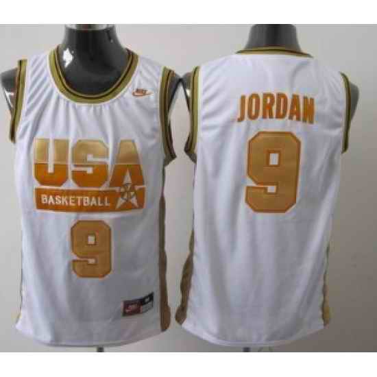 1992 Olympics Team USA 9 Michael Jordan White With Gold Swingman Jersey